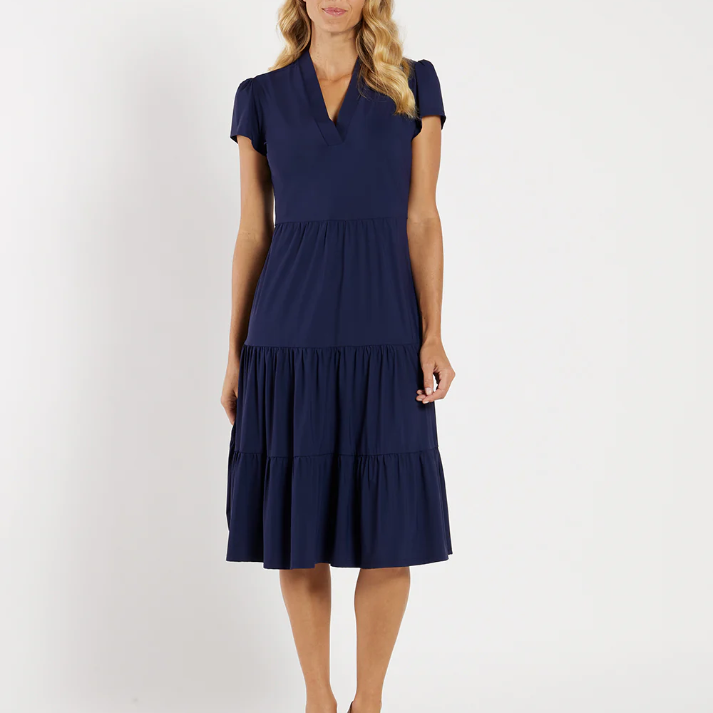 V-Neck Puff Short Sleeve Tiered Flounce Midi Dress