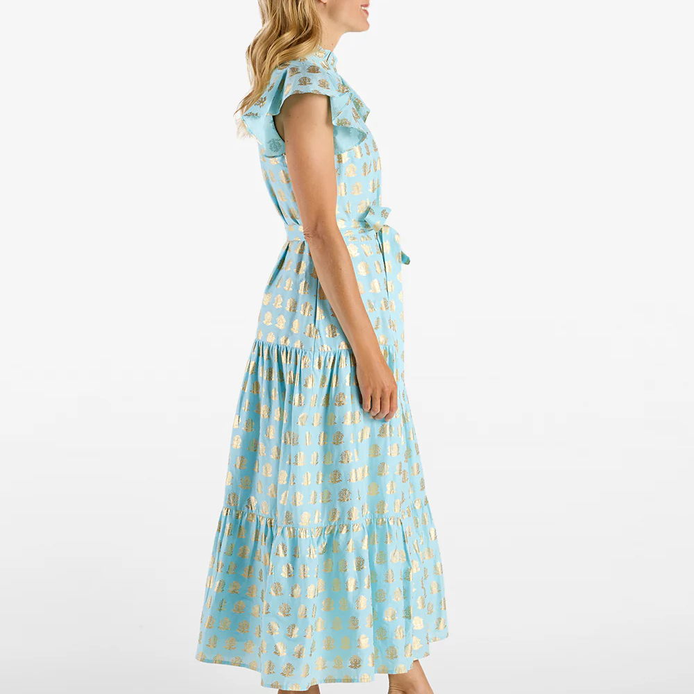 Hand Printed Gold Motif Ruffle Sleeve Belted Tiered Maxi Dress