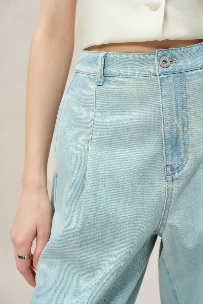 High Rise Front Pleat Light Wash Lyocell Blend Wide Leg Jeans