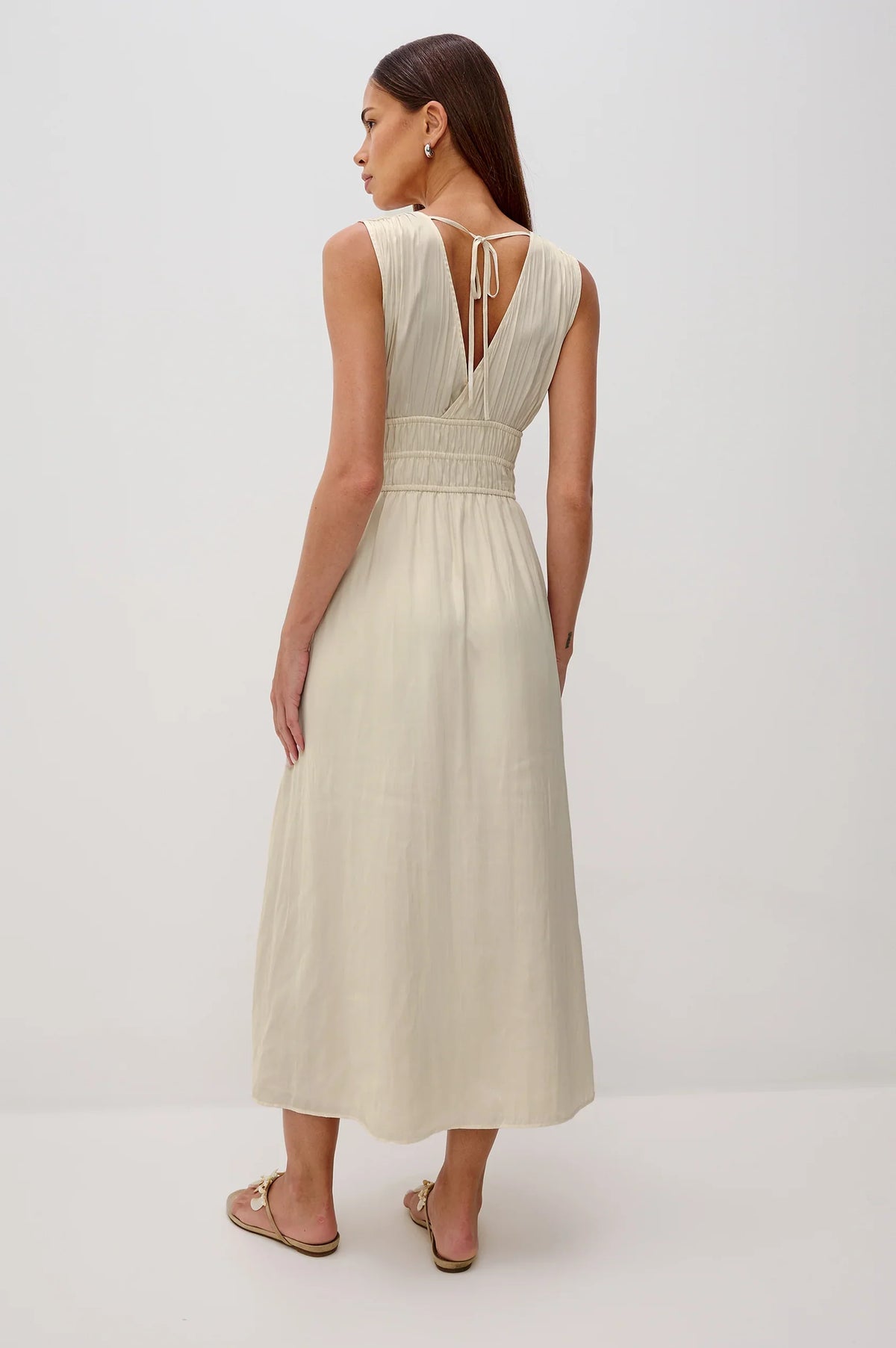 Deep V Wide Strap Smocked Waist Flowy Crepe Midi Dress