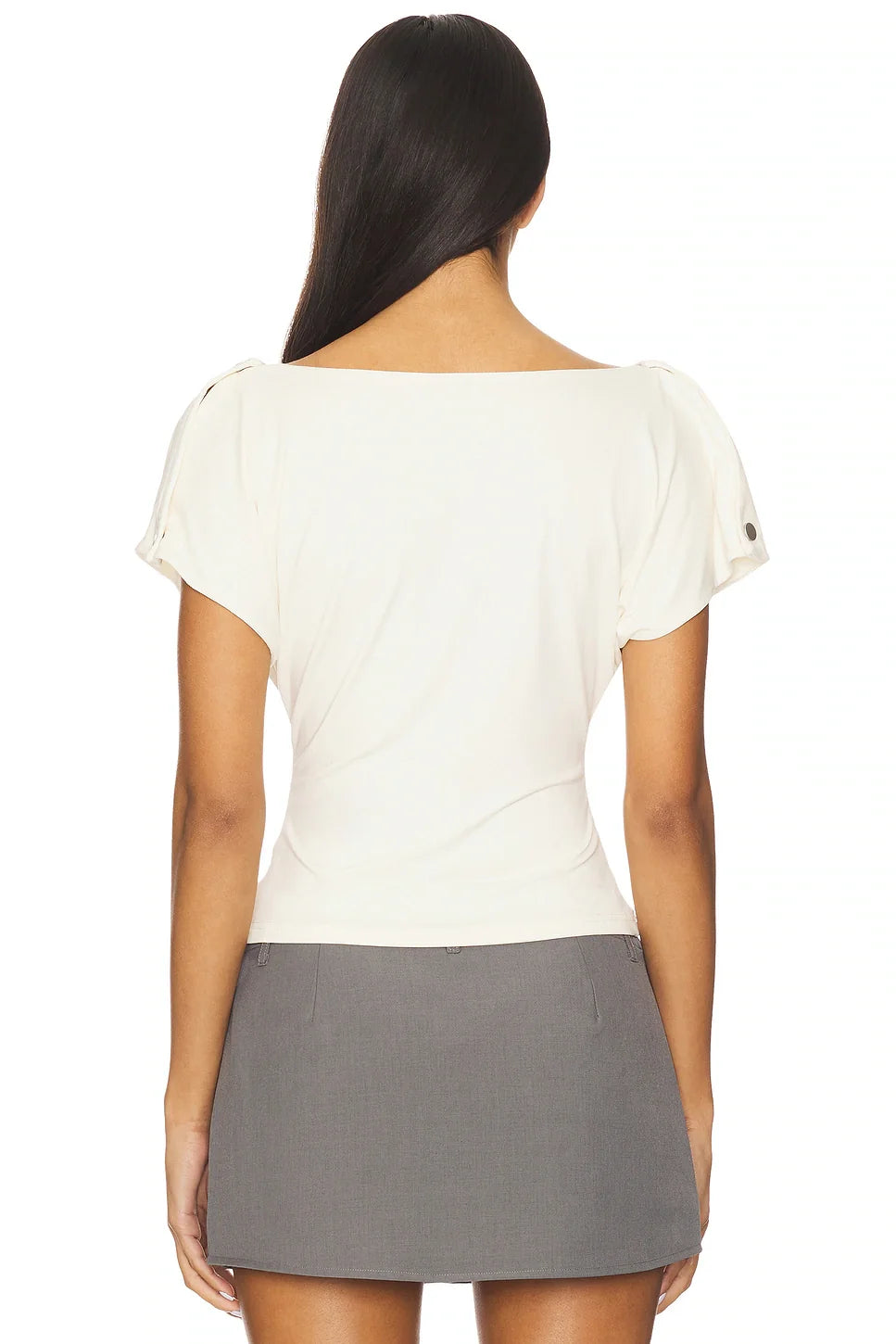 Draped Cowl Neck Cap Sleeve Button Front Fitted Top