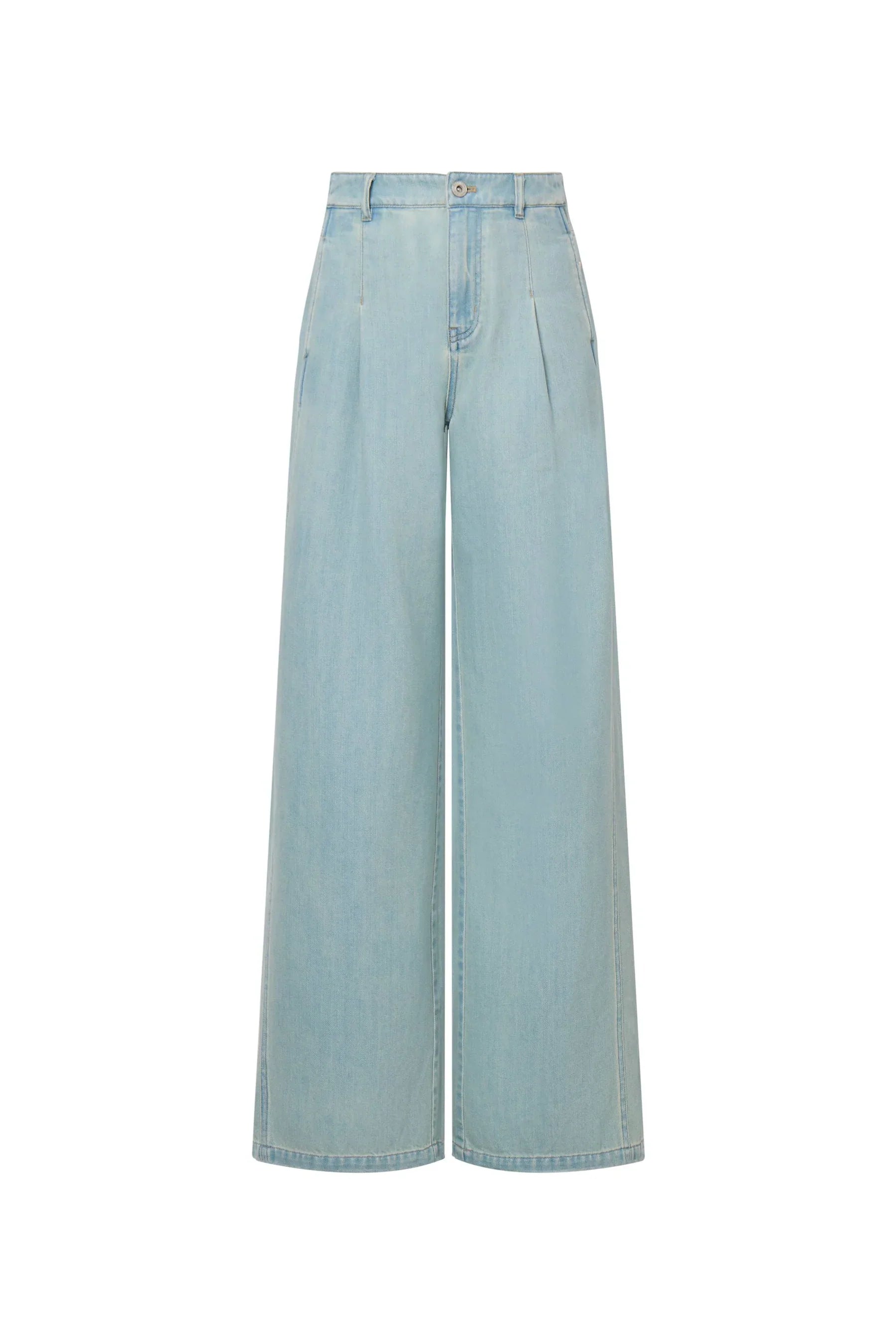 High Rise Front Pleat Light Wash Lyocell Blend Wide Leg Jeans